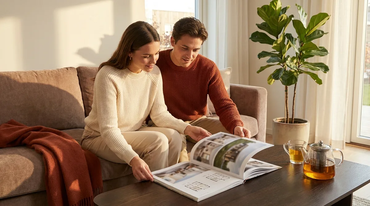 Pár na pohovce si prochází tištěný katalog rodinných domů